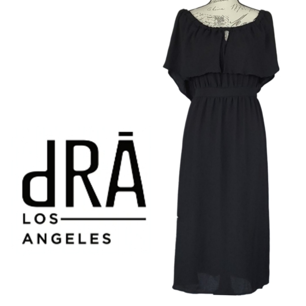 DRA Los Angeles Dress, Black Maxi Cape Sleeves Elegant Dress, M